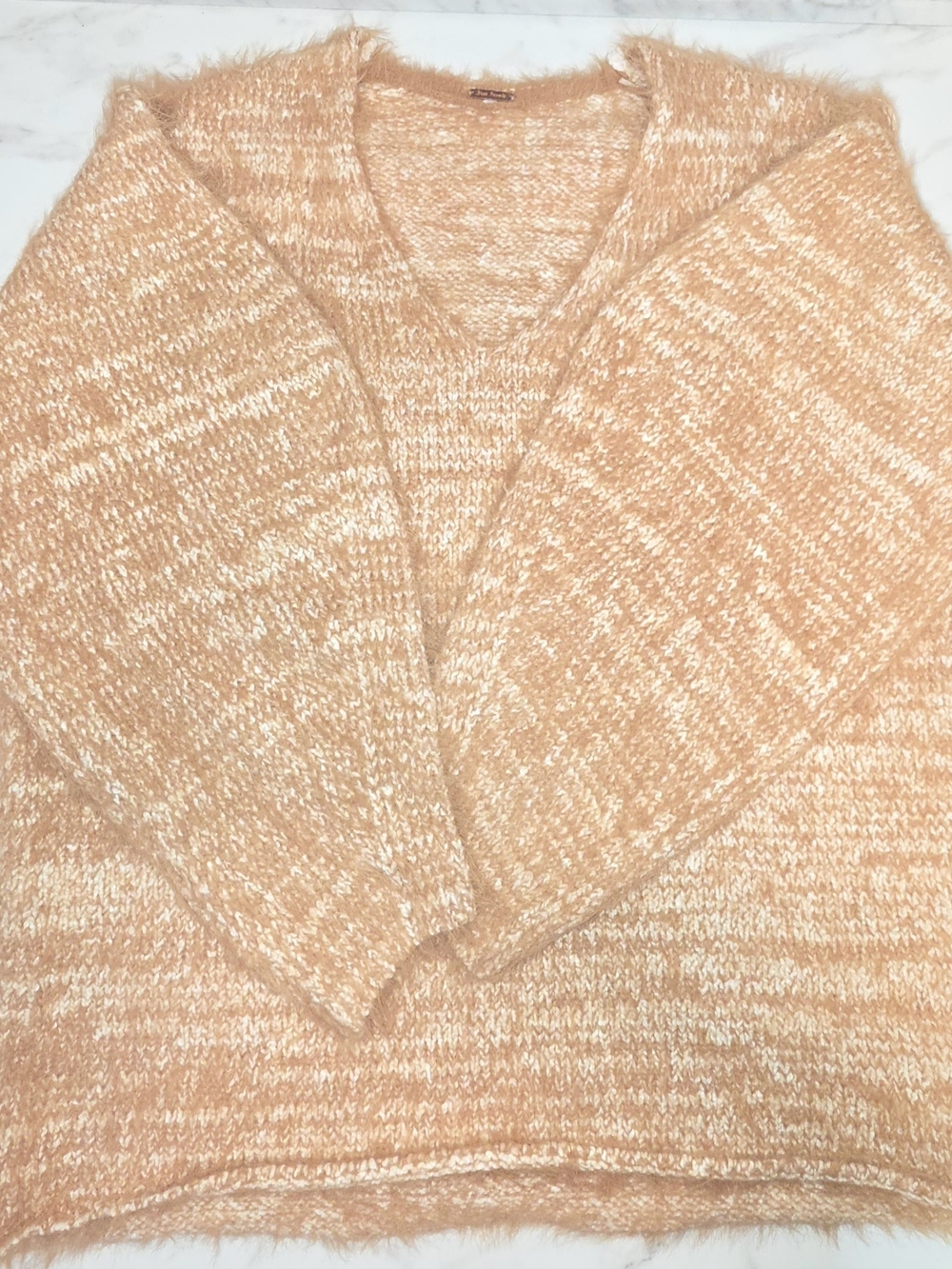Free People Oversized Peach Marled V-Neck Fuzzy Knit Sweater